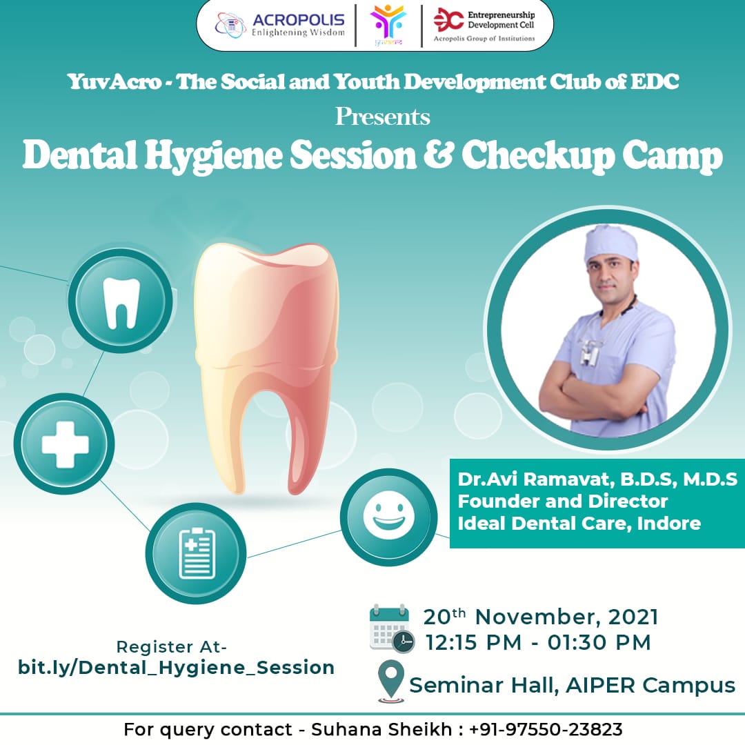 edc_acropolis's tweet photo. #YuvAcro, The Social and Youth Development Club of #EDC, brings to you an offline Session on-
#DentalHygiene Session &amp; Checkup Camp.

Register at📌
https://t.co/d59v1NuTxE https://t.co/pJTDMD5GW5