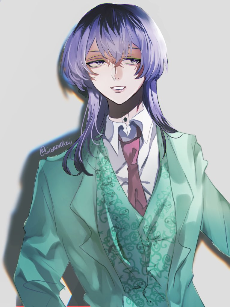 1boy necktie male focus solo purple hair smile formal  illustration images