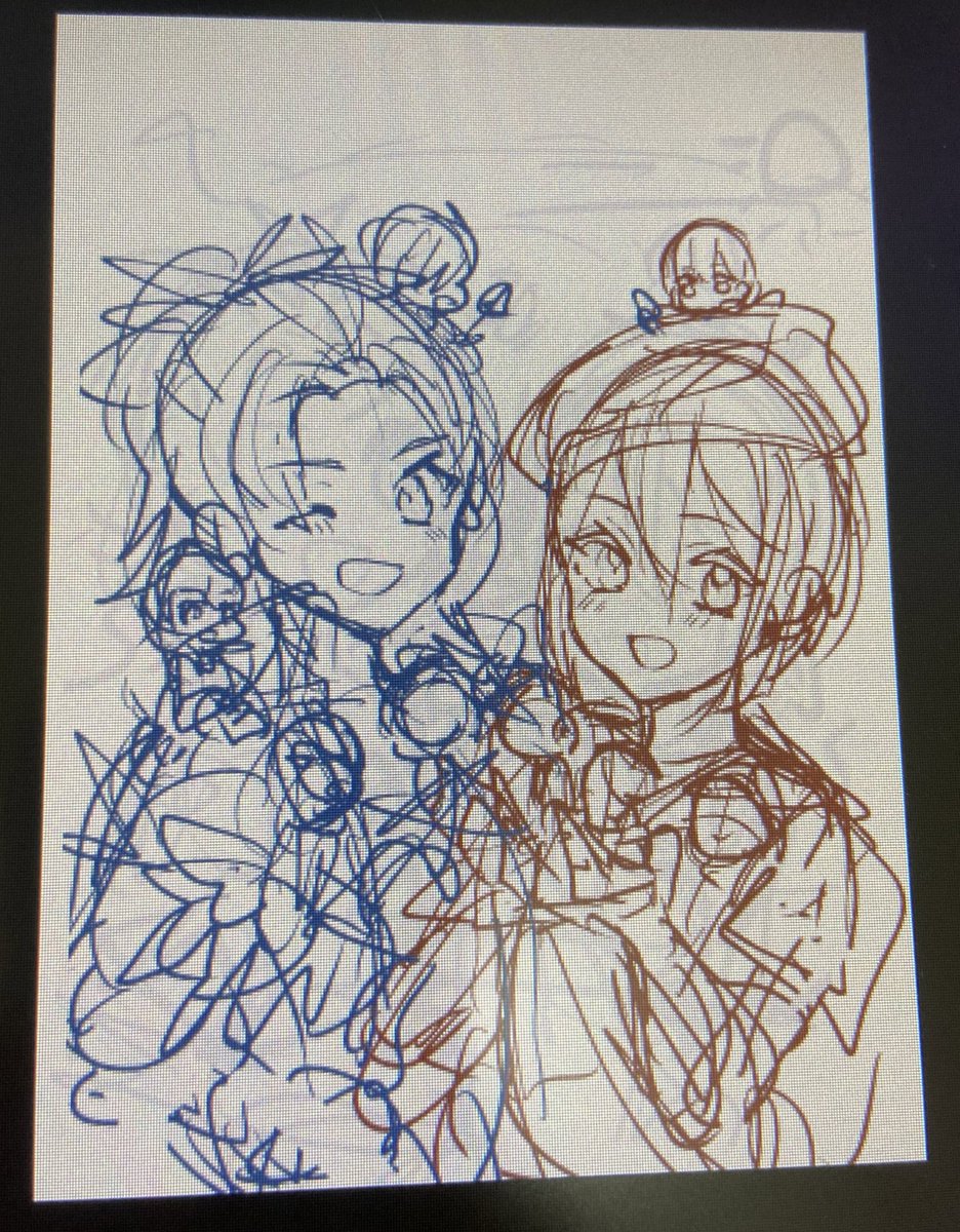 4コマらんぶっ告知イラストのラフです🌸(バランス見るために撮ったやつ)
顔だけ書き込んでミニキャラはまだだ…!笑 