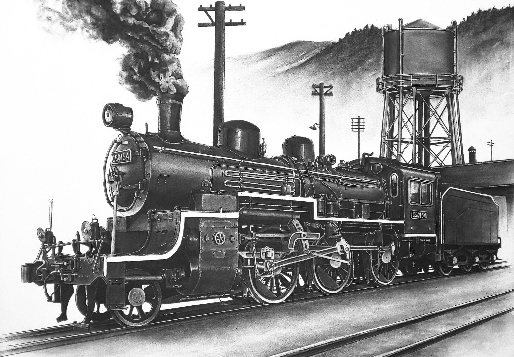 Sl画家 石川 佳宗 アナログ絵を流してアナログ民を増やそう チャコール鉛筆で蒸気機関車を描いてます T Co 9bm6os5vwt Twitter