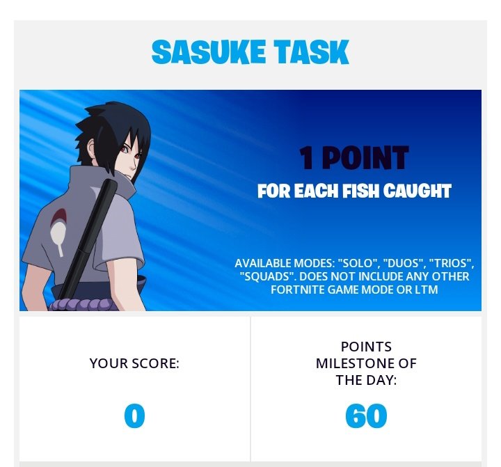 FNAssist on X: #Fortnite Naruto Nindo Challenges: Day 3 1 Fish Caught = 1  point (Solos, Duos, Trios, or Squads) 1 Point = Angry Sasuke emoticon 60  Points = Kurama Glider 