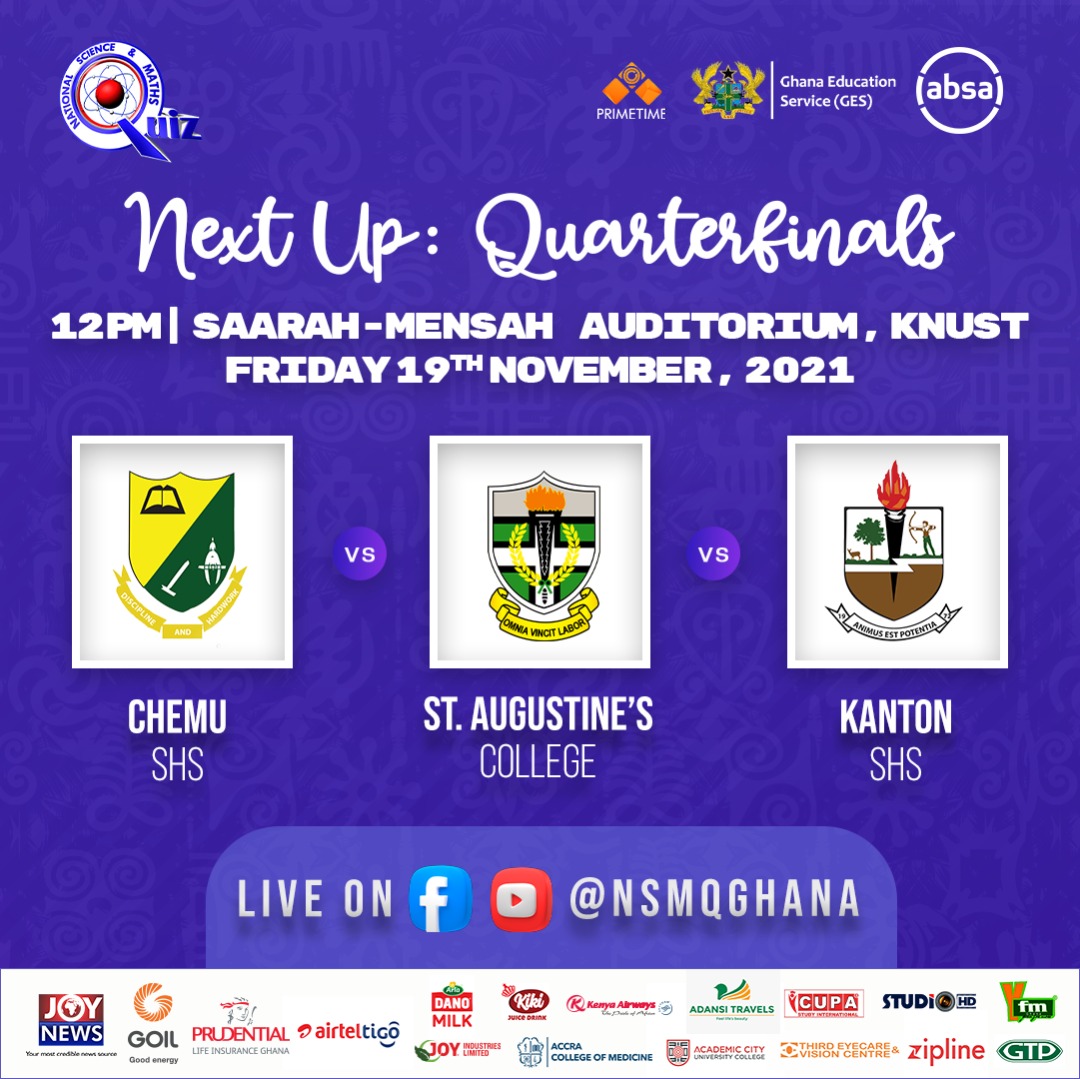 NSMQGhana's tweet photo. It's the first day of the quarterfinal stage. We have three (3) exciting contests lined up for you. 

#NSMQinKumasi #NSMQ2021 #Primetime https://t.co/DgfAZ3lEyt