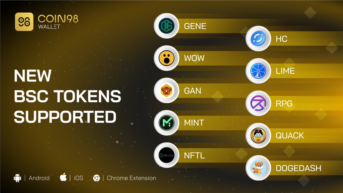 coin98_wallet's tweet photo. Interested in #BSCGems? Today we want to fill your taste with many tokens supported on #Coin98Wallet.

Users now can store, send, receive &amp; trade natively on the Mobile App and Extension.

Enjoy: https://t.co/Q3yVMPt1x9

$GENE $HC $WOW $QUACK $GAN $RPG $MINT $LIME $NFTL #DOGEDASH https://t.co/kEJd7qBOLl