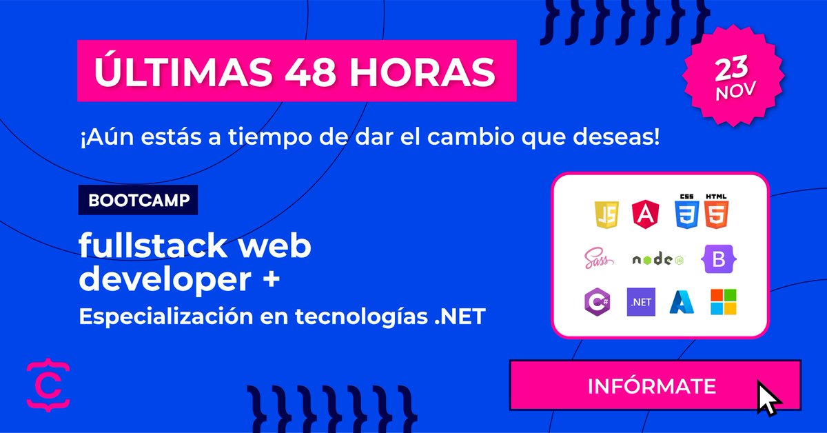 CodeHouseLearn's tweet photo. [💥 ÚLTIMAS 48 HORAS 💥] 

Solo quedan 48 horas para empezar nuestra nueva edición del #BootcampFullstack 🦾 

Estamos emocionados de conocer a nuestros nuevos #CodeHousers y poder acompañarlos y guiarlos por esta nueva travesía. 

 #fullstackdeveloper #desarrolloweb https://t.co/VdLYe8yYha