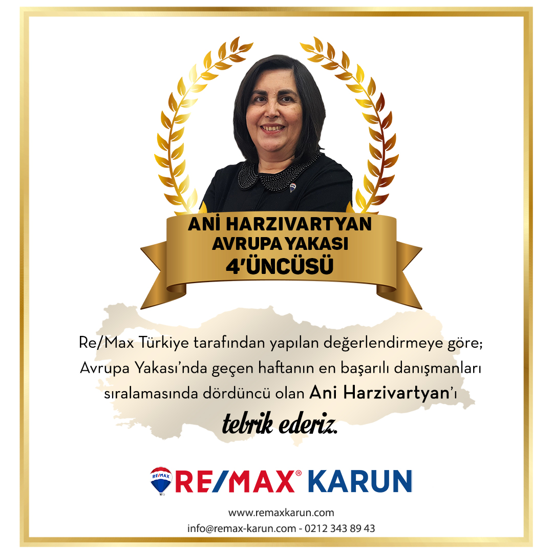 Re/Max Türkiye tarafından yapılan değerlendirmeye göre; Avrupa Yakası’nda geçen haftanın en başarılı gayrimenkul danışmanları sıralamasında dördüncü olan Ani Harzivartyan’ı tebrik ederiz.👏✨
#remaxtürkiye #remaxkarun #başarı #profesyonel #gayrimenkuldanışmanı #tebrikler