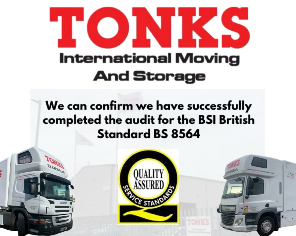 Tonksremoval's tweet photo. Some more exciting new this week 👀 

We can confirm we have successfully completed the audit for the BS8564. 

#britishstandards #internationalremovals  #internationalremovalservices #internationalremoval #internationalremovalists #internationalremovalist https://t.co/LXZWWs4YMz