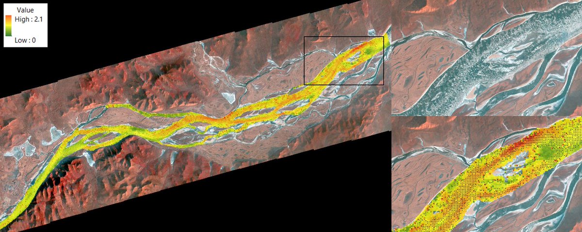 luchobt's tweet photo. #Day18:Water. Water velocities (m/s) in Amur river (East Russia). Extracted by image correlation from 2 CubeSat  #Planet images, 1 minute apart. The movement of the ice blocks floating on the water gives the velocity. #30daysmapchallenge https://t.co/lttFSaDjUW