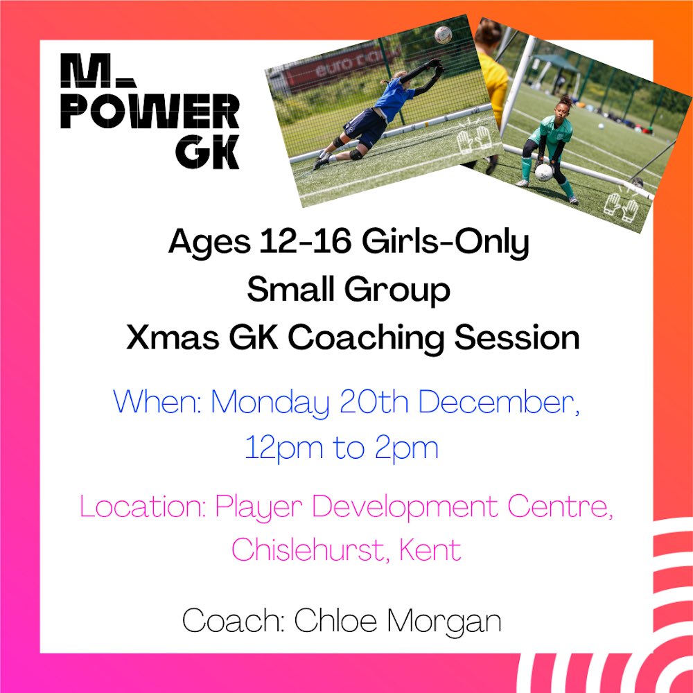 MPowerGk's tweet photo. 🎄New Xmas GK Coaching Session🎄

🗓 Mon 20th December: 12-2pm
📍Chislehurst, Kent
💷 £20
📲 To book, email: mpowergk@gmail.com

💥 Lots of Xmas GK games &amp; prizes!

#MPowerGK #GK #empower #GKunion #goalkeeper #football https://t.co/NMIBeFgzzT