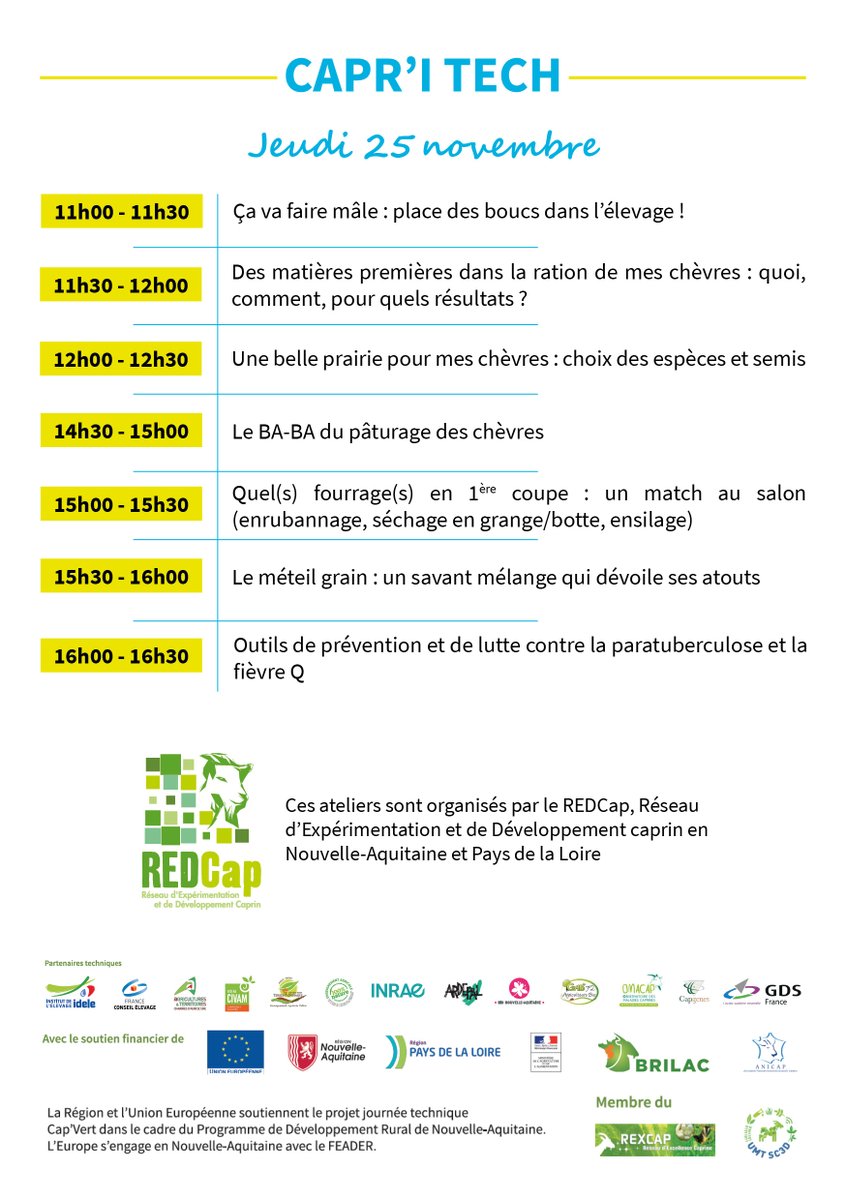 JeremieJost's tweet photo. RDV au salon @Caprinov le 25/11 sur l'espace #CAPRITECH
Au programme : 7 ateliers techniques et ludiques pour apprendre et échanger
🌾méteil grain 🐐boucs🌧️1ère coupe🐐☘️pâturage ☘️prairie 🐐ration 🧑⚕️sanitaire
@UEenNvelleAqui @InstitutElevage @Conseil_Elevage @BRILAC_Interpro https://t.co/dAxHK3iB7E
