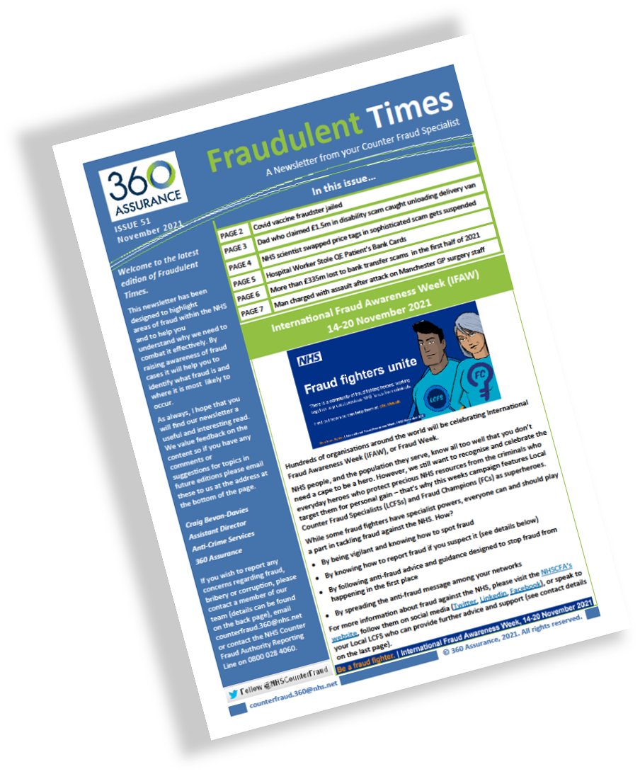 360 Assurance (@360assurance) on Twitter photo Our Counter Fraud Team (<a href="/NHSCounterFraud/">NHSCounterFraud</a>) has had a busy week supporting #FraudAwarenessWeek at our #NHS clients. To close the week the latest edition of their regular magazine #FraudulentTimes is now available on our website.
360assurance.co.uk/wp-content/upl… Our Counter Fraud Team (<a href="/NHSCounterFraud/">NHSCounterFraud</a>) has had a busy week supporting #FraudAwarenessWeek at our #NHS clients. To close the week the latest edition of their regular magazine #FraudulentTimes is now available on our website.
360assurance.co.uk/wp-content/upl…