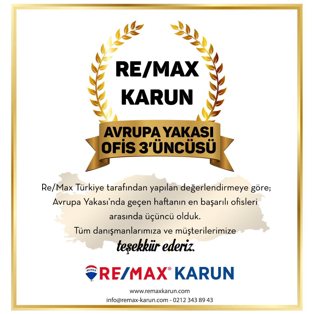 Re/Max Türkiye tarafından yapılan değerlendirmeye göre; Avrupa Yakası’nda geçen haftanın en başarılı ofisleri arasında üçüncü olduk. Tüm danışmanlarımıza ve müşterilerimize teşekkür ederiz. 💐
#remaxtürkiye #remaxkarun #başarı #profesyonel #gayrimenkulofisi #gayrimenkul