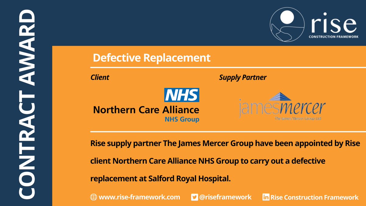 riseframework's tweet photo. Rise client @NCAlliance_NHS have appointed The James Mercer Group to carry out a defective replacement at Salford Royal Hospital.
https://t.co/dgg1mAKxro
#constructionnews #northwestconstruction #procurement #Riseframework #constructionframework https://t.co/bhP7r9aaUC