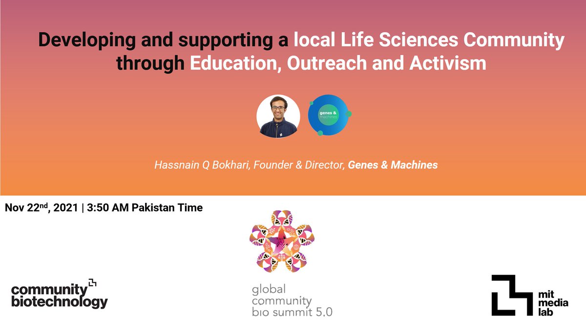 QasimHassnain's tweet photo. We started @Genes_Machines with an aim to build an inter-disciplinary Life Sciences community in Pakistan through education, outreach and activism.

Excited to share our path till here &amp; forward at @globalbiosummit by the Community Biotech Initiative at MIT @medialab https://t.co/xRaapIR8Ul