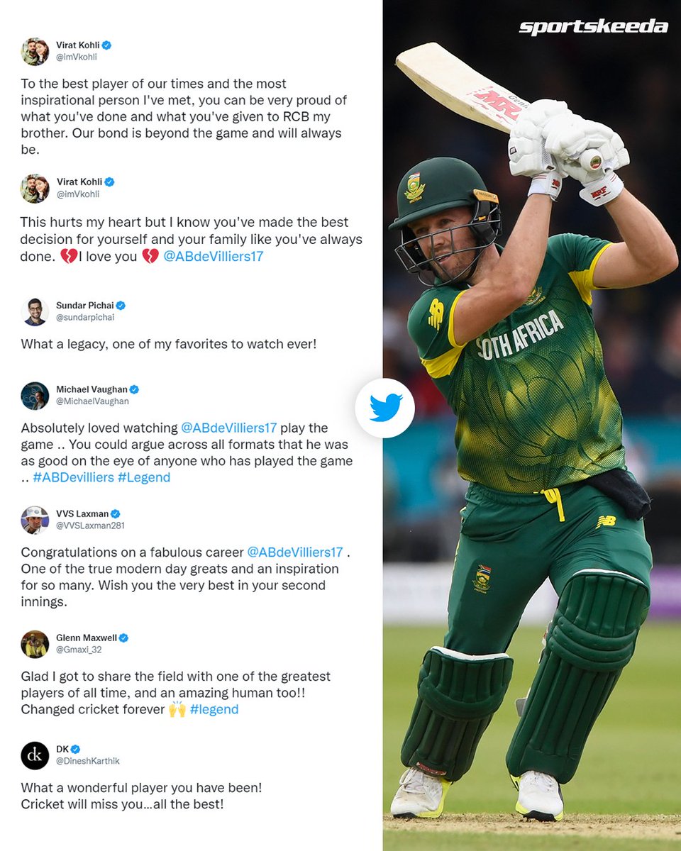 Sportskeeda's tweet photo. Twitter erupts as one of the best cricket players, Ab de Villiers bids adieu to the game 🙌

#SouthAfrica #RoyalChallengersBangalore #IPL https://t.co/4b4wtM7nXb