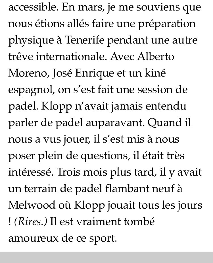 TANG_Foot's tweet photo. Interview de Pedro Chirivella sur @sofoot où on apprend qu’il a fait découvrir le padel à Jürgen Klopp en 2016. Trois mois après y’avait un court au centre d’entraînement de Liverpool. 😂🎾 https://t.co/iMfwxKda0D