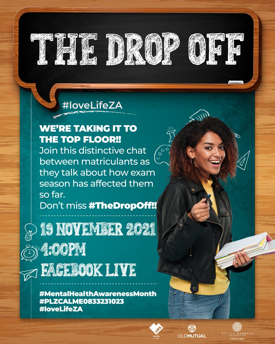 loveLifeNGO's tweet photo. Let's go!!π―πͺπΎ
Join #TheDropOff as matriculants chat about this week's exams.π£οΈπ§πΎβπ«
Tune in today at 4pm on Facebook LIVE!!π€³πΎ
ππΎππΎhttps://t.co/TaHDLSv7SI
What was your toughest paper this week?
#PLZCALME0833231023
#WozaMatrics
#21ActsOfGoodness
#21For21
#loveLifeZA
@Brand_SA https://t.co/PTjxkMyx2n