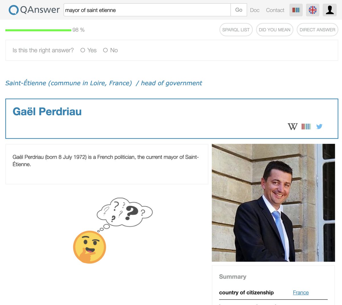 TheQACompany's tweet photo. For our first “#question_of_the_week” let���s start with something simple...the mayor of cities !
By querying  #Wikidata we can find many of them like "Who is the mayor of Saint-Etienne?"
► https://t.co/2sx2gPkcSY. Google does not find it...

For more : https://t.co/WFsLLw5jZQ https://t.co/Xti3xIoNP9