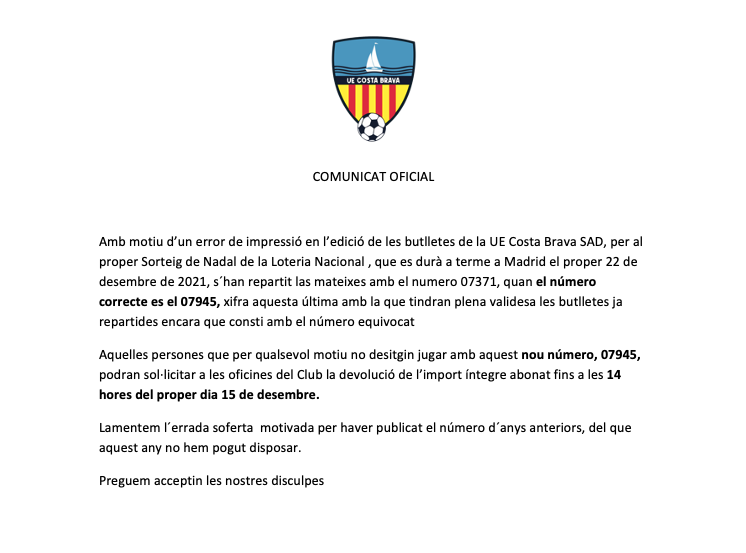 sommaresmefc's tweet photo. Comunicat oficial referent a la venda de Loteria del club. https://t.co/QUqsuTAqZM