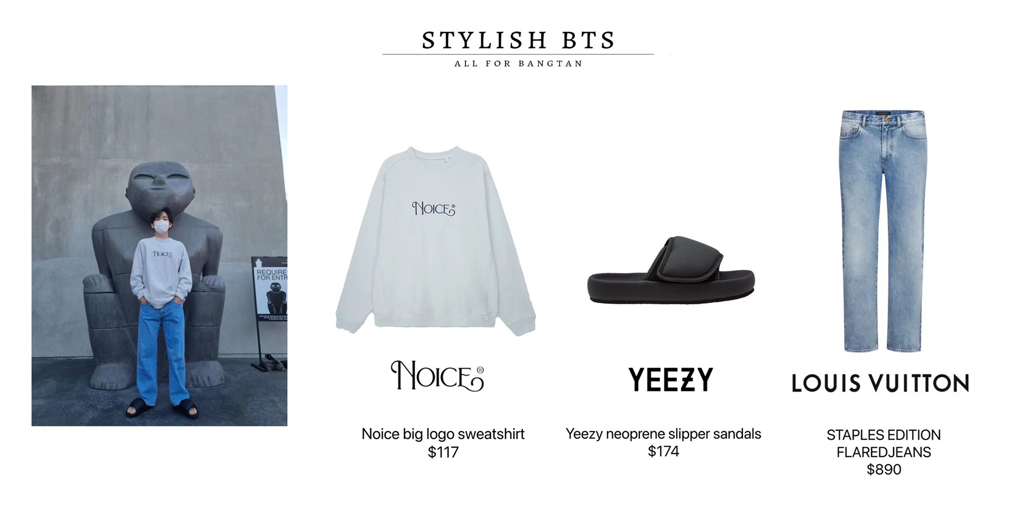 Twitter Post 211119 Taehyung wears NOICE Big Logo Sweatshirt ($118), LOUIS  VUITTON Flared Jeans ($890) & YEEZY Sandals ($1…
