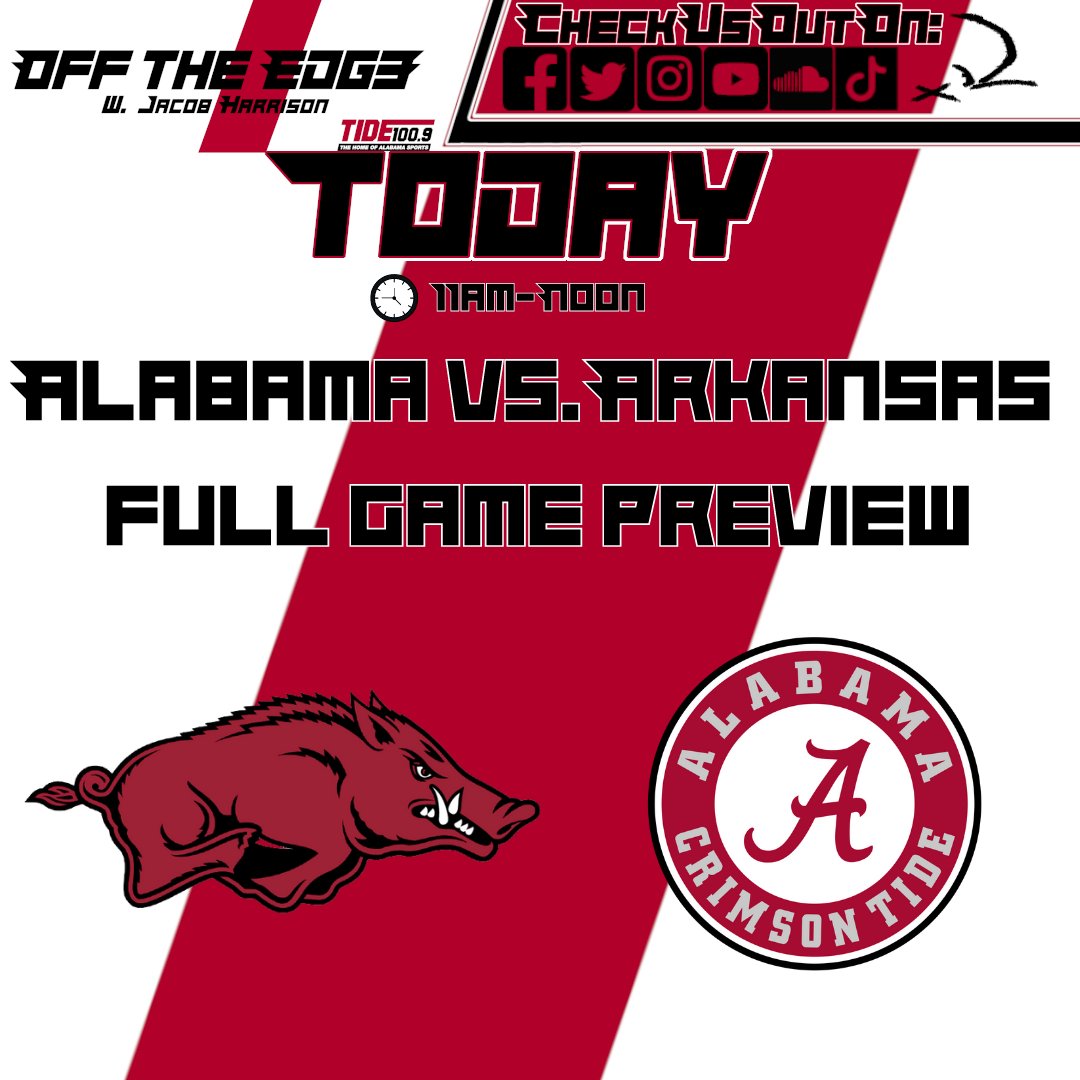 OffTheEdge1009's tweet photo. It's almost game day! Join your host, @JHarrisonOTE, to hear all about the upcoming game against Arkansas! Only on @Tide1009!

Join the conversation! (205) 342-9904

#AlabamaCrimsonTide #SECFootball #CollegeFootball #RollTide #sportsradio #OTE https://t.co/LG7JaBwVAd