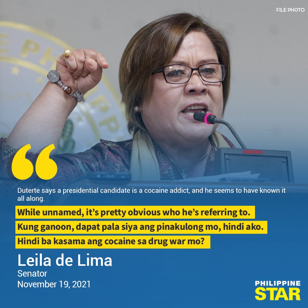 PhilippineStar's tweet photo. ‘DAPAT SIYA ANG PINAKULONG MO, HINDI AKO’
Detained Sen. Leila de Lima on Friday reacted to President Duterte’s claim that a presidential aspirant in the upcoming national elections is using cocaine. https://t.co/fjIcO1TlB5