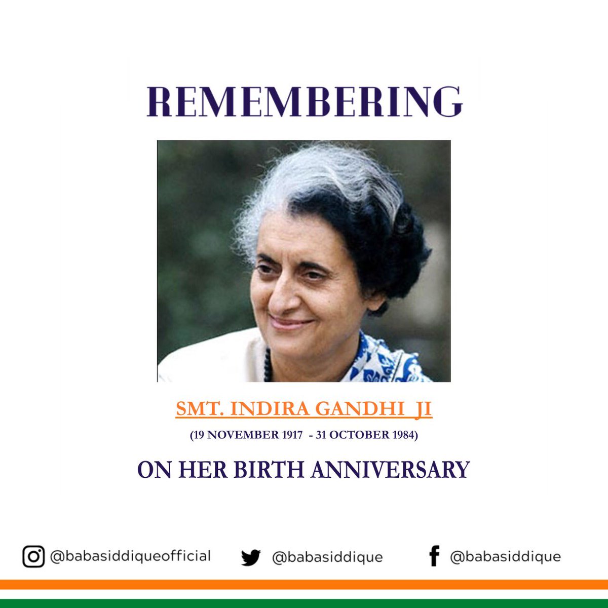 BabaSiddique's tweet photo. Remembering Smt. #IndiraGandhi Ji on her Birth Anniversary. She was known as the Iron lady for her Visionary Leadership, Determination &amp; Courage through which she took India on the path of Progress. https://t.co/HsXqndR5xN