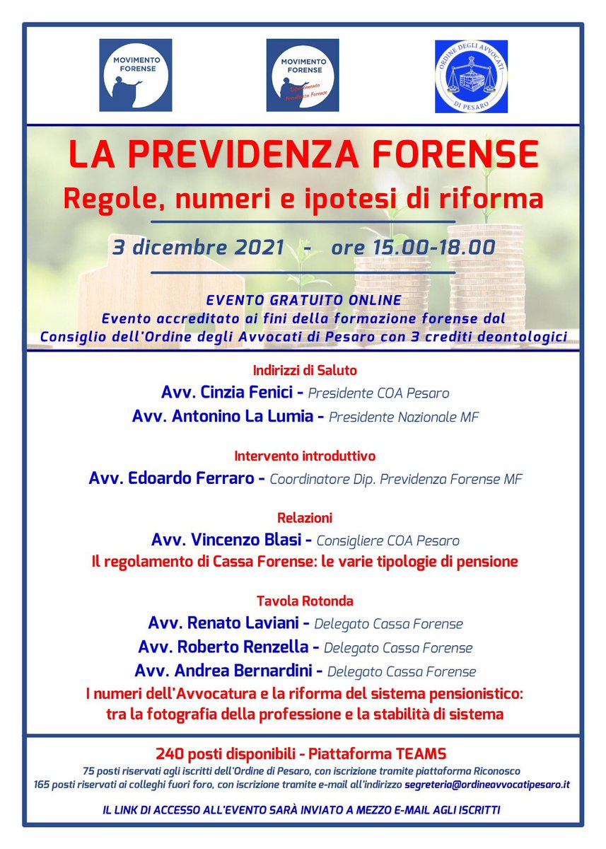 Movimento Forense #webinar #Padova  03.12.2021 ore 15:00-18:00 “LA PREVIDENZA FORENSE. REGOLE, NUMERI E IPOTESI DI RIFORMA ” <a href="/alalumia/">Nino La Lumia</a> 
<a href="/MCesali/">Massimiliano Cesali</a> <a href="/radiotribunale/">RadioTribunale</a> <a href="/MovforensePD/">MF Padova</a> <a href="/Avv_E_Ferraro/">Avv. Edoardo Ferraro</a>