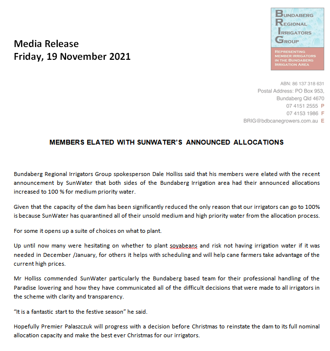 BundyIrrigators's tweet photo. Bundaberg Regional Irrigators Group spokesperson Dale Holliss said that his members were elated with the recent announcement by SunWater that both sides of the Bundaberg Irrigation area had their announced allocations increased to 100 % for medium priority water. https://t.co/Xp6bIfLV93