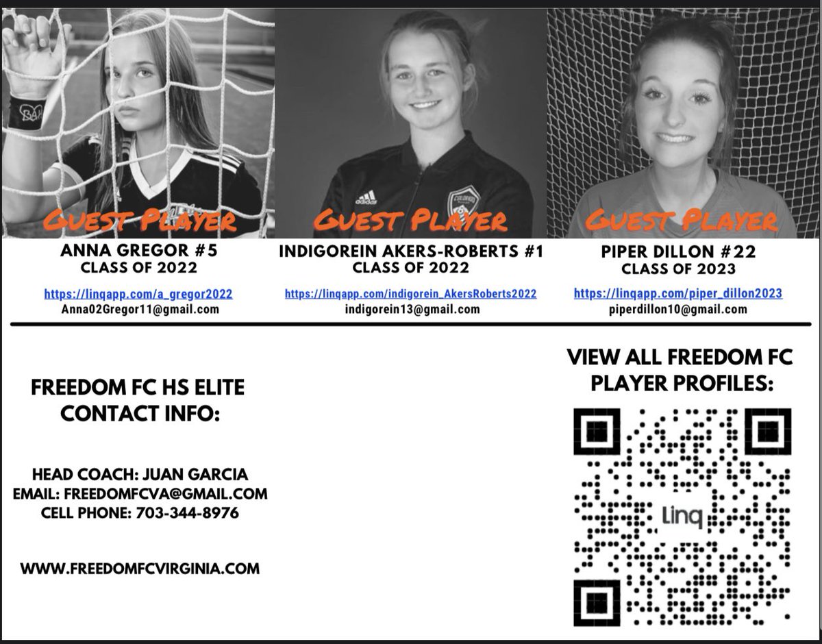 Coaches @ the NCFC Showcase This Weekend! Come check out some of our #2022’s  &amp; #2023’s who are still active in the recruiting process! 

Friday: 9:50am @ Kingdale Station field 1

Saturday: 11:40am @ Wake Stone field 6

Sunday: 1:30pm @ WRAL 16 CHOW

linqapp.com/FreedomFC_Recr…