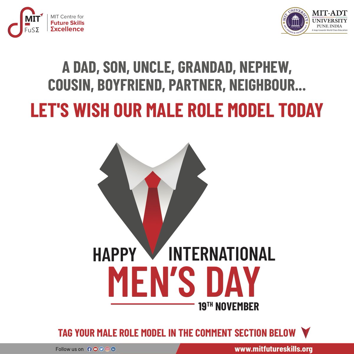mitfutureskills's tweet photo. 🚀MIT Centre for Future Skills Excellence Wishes all the Men in the world who sacrifice their happiness and life for the welfare of their family and loved ones a very HAPPY INTERNATIONAL MEN'S DAY!💐
#MITADT #MitFutureSkills #MITFUSE #internationalmensday #wishes https://t.co/chIjUfUYXN