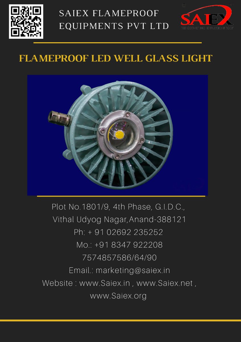 SaiexPvt's tweet image. Flameproof Led Well Glass Light (Saiex)

#flameproofenclosure #flameproof #flameprooflight #flameprooflighting #manpower #bpcl #ongc #hazardous #saftyfirst #explosionproof #chemicalindustry #pharmaindustry #oilandgasindustry #gem #manufacturing #quality #industrialdesign
