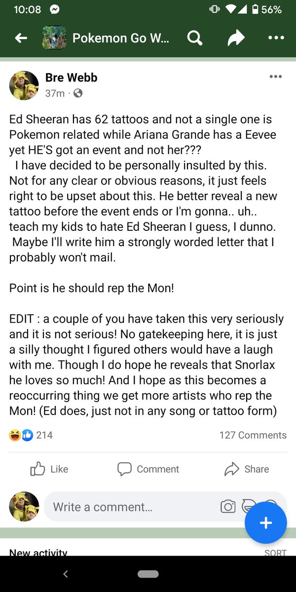 wonnahugme's tweet photo. @edsheeran @PokemonGoApp There's so many people who agree Ed should rep the Mon, come on big boy! 214 likes in 37 minutes Ed! I promise it won't destroy your look 😁 just enhance https://t.co/Mzj4IXryKx
