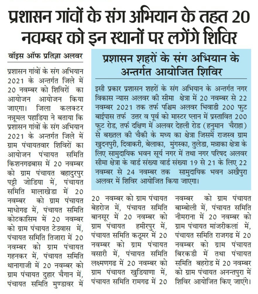 DMDCAlwar's tweet photo. अलवर में प्रशासन गांवों/शहरों के संग अभियान के तहत जिले में 20 नवम्बर 2021 को यहाँ लगेंगे शिविर। अधिकाधिक लाभ उठायें।
#PGKS #PSKS #अलवर_सतर्क_है @ashokgehlot51 @RajCMO @RajGovOfficial @DIPRRajasthan https://t.co/3Na5zhnX6D