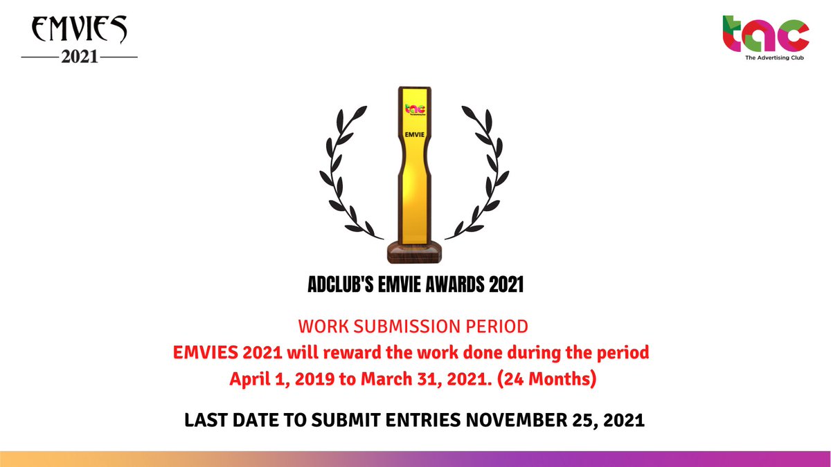 TheAdClub_India's tweet photo. Adclub's Emvie 2021 Awards PERIOD OF WORK SUBMISSION AND DEADLINE EXTENSION. Enter Now https://t.co/cUzLYRzxe5 https://t.co/3E1Dk5negw