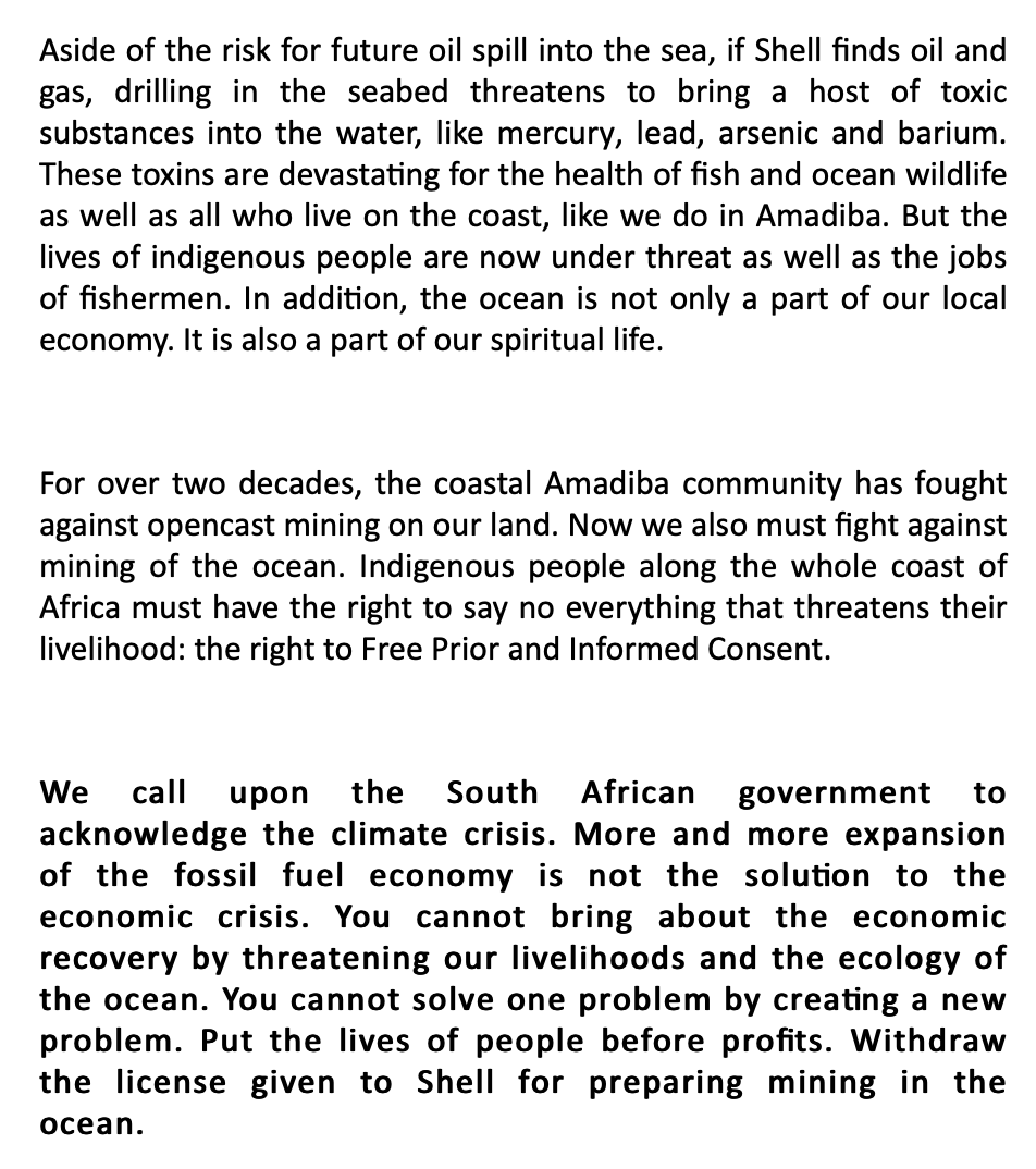 JohanLorenzen's tweet photo. Powerful statement by the Amadiba Crisis Committee challenging @Shell's proposed exploration of the Wild Coast for oil and gas.
Join them on 05 December to march to the (stunning) Mzamba estuary. https://t.co/czmL1PVnFx