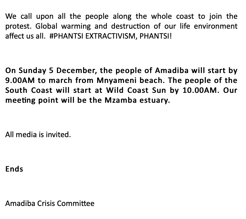 Powerful statement by the Amadiba Crisis Committee challenging <a href="/Shell/">Shell</a>'s proposed exploration of the Wild Coast for oil and gas.

Join them on 05 December to march to the (stunning) Mzamba estuary.