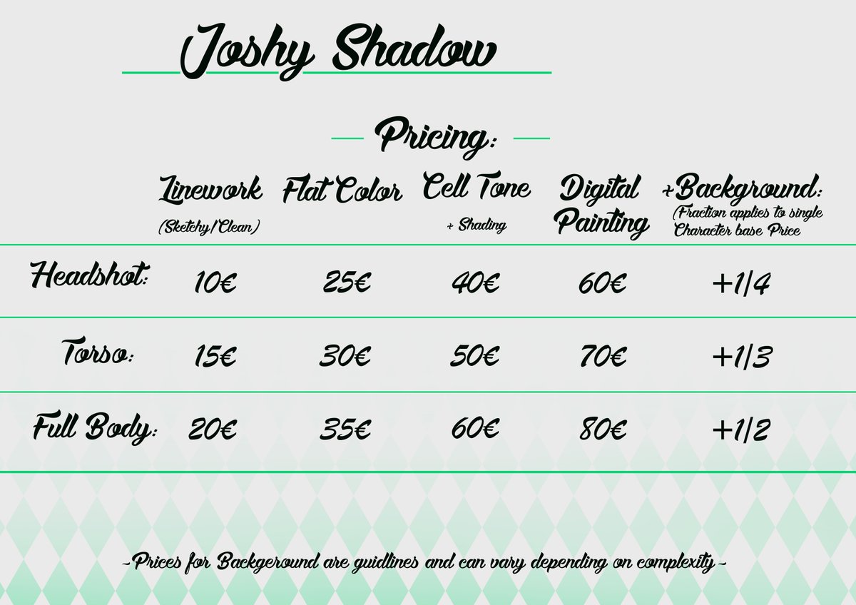 JoshyShadow's tweet photo. #CommissionInformation

• Open if Commissions is in https://t.co/3kg8Axdvqm
• Reach out per DM on Twitter
• Rough sketch and up to two (two) corrections
• Three-quarters of the price before completing
• Upon finishing, rest pay and high-quality Artwork sent per Mail https://t.co/Sou2cP0eKL