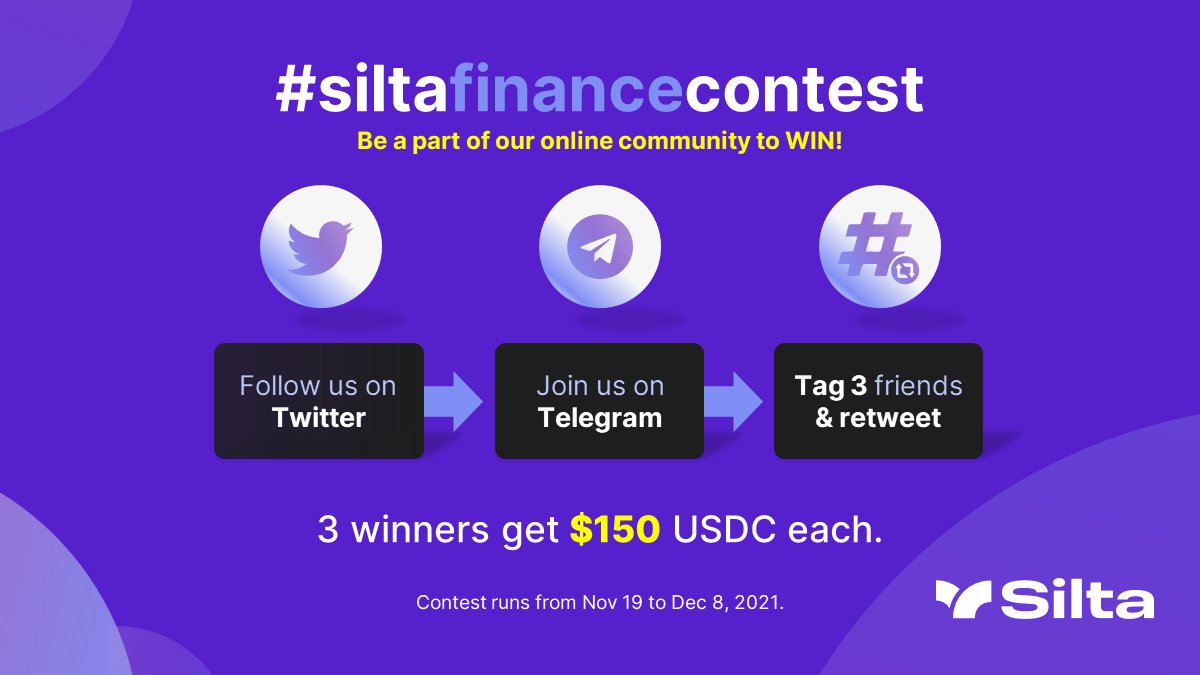 silta_fi's tweet photo. 📣 CONTEST! 📣
We’re giving 3 lucky winners 150 USDC each!

To enter:
✅Follow us on Twitter
✅Join us on Telegram: https://t.co/rqZulfuoUX
✅RT this post with #SiltaFinanceContest &amp; tag 3 friends

Tag as many times as you want for extra entries! 
T&amp;C: https://t.co/jNdARtUeGR https://t.co/bwfzIoke44