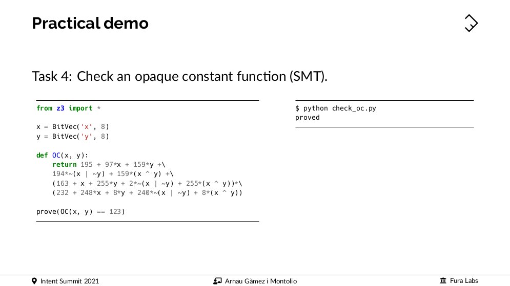 There you go! 🧨
Slides and demos for my session "Code obfuscation through Mixed Boolean-Arithmetic expressions" <a href="/IntentSummit/">INTENT - The security research summit</a> are already available:
👉 github.com/arnaugamez/tal…

CC <a href="/FuraLabs/">Fura Labs (@furalabs@infosec.exchange)</a>