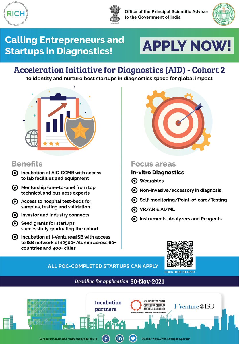 RICH_Hyd's tweet image. Are you a #medtech #entrepreneur aspiring to create significant impact in #diagnostic devices space?

Calling applications for #AID2, the 2nd Cohort of #AIDProgram which aims to identity and nurture #startups in diagnostics.

Apply now! ow.ly/rQER50GQw87