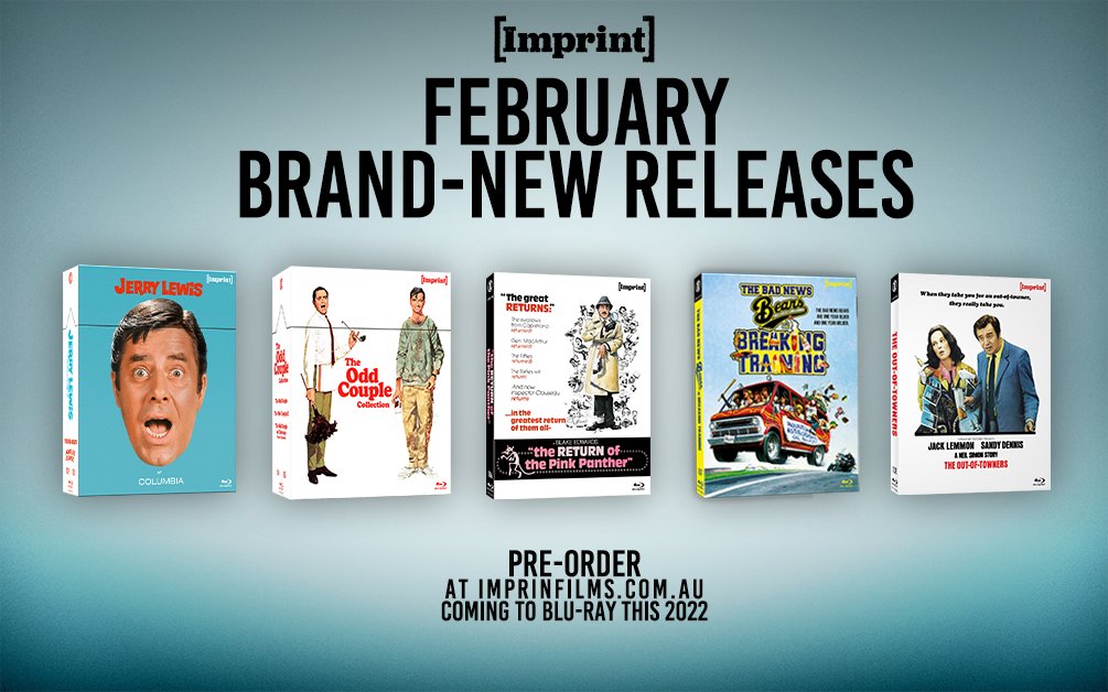 imprint_films's tweet photo. Let's end the week right shall we?
Say hello to #Imprint February Brand-New Releases:
#JerryLewisAtColumbia
#TheOddCoupleCollection
#TheReturnofThePinkPanther
#TheBadNewsBearsinBreakingTraining
#TheOutOfTowners
Order Securely Online at: https://t.co/AVj8C6ZaQ3 https://t.co/YQkBzWQGv5