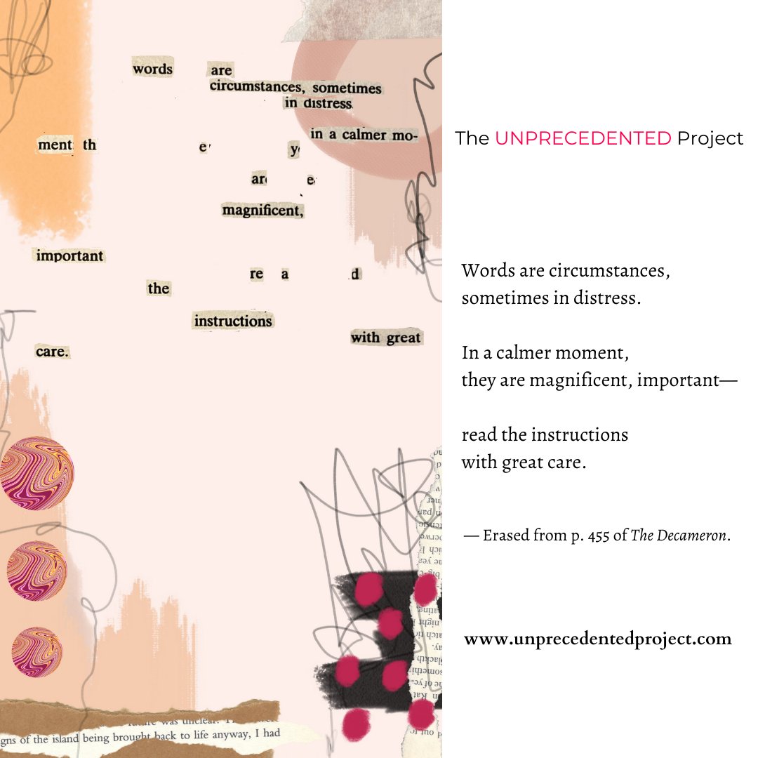 shloks89's tweet image. When RK Fauth, Founder of The UNPRECEDENTED Project, invited me to participate in the worldwide erasure challenge, I was beyond thrilled! :)

I worked on p. 455 of &apos;The Decameron.&apos; 

If found poetry is your jam, definitely check this out:

unprecedentedproject.com/gallery/featur…