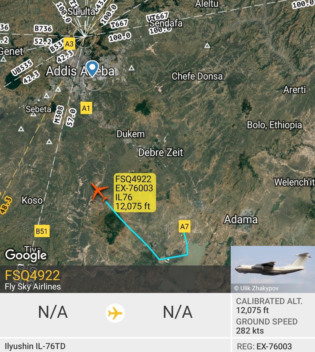 Gerjon_'s tweet photo. Her sister 🇰🇬EX-76003 is alive! Since she was last tracked landing at 🇪🇹Harar Meda Military Airport, Ethiopia, 4 days ago, I was getting concerned something had happened. Currently flying from 🇪🇹Harar Meda Airport to 🇪🇹Addis Ababa Bole Airport: #FSQ4922.
Technical difficulties? https://t.co/NUr9rKOHo0