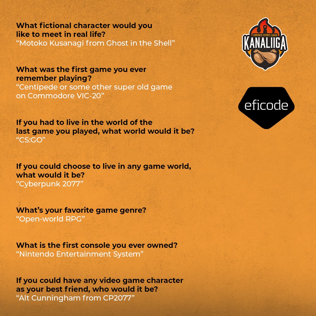 Eficode's tweet image. Second up in our Kanaliiga gamer presentations we have Teppo (@eimink) 🧡Service Manager in the day time, eSports star in the night time - get to know Teppo a little bit more through our interview with him! 
#esports #kanaliiga #humansofeficode