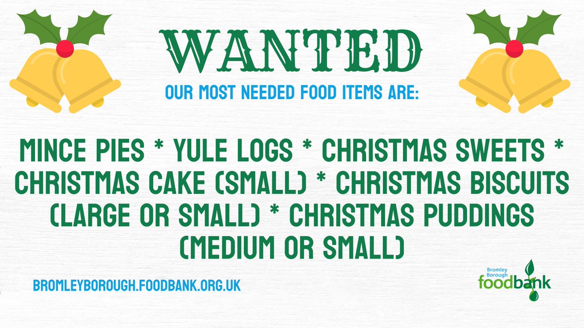 Our most urgently needed items for our Christmas hampers are:

Mince pies, Yule logs, Christmas sweets, Christmas cake, Christmas biscuits, Christmas puddings.

With your help we can give a little festive cheer to those in #Bromley who most need it this Christmas. 🎅 Thank you