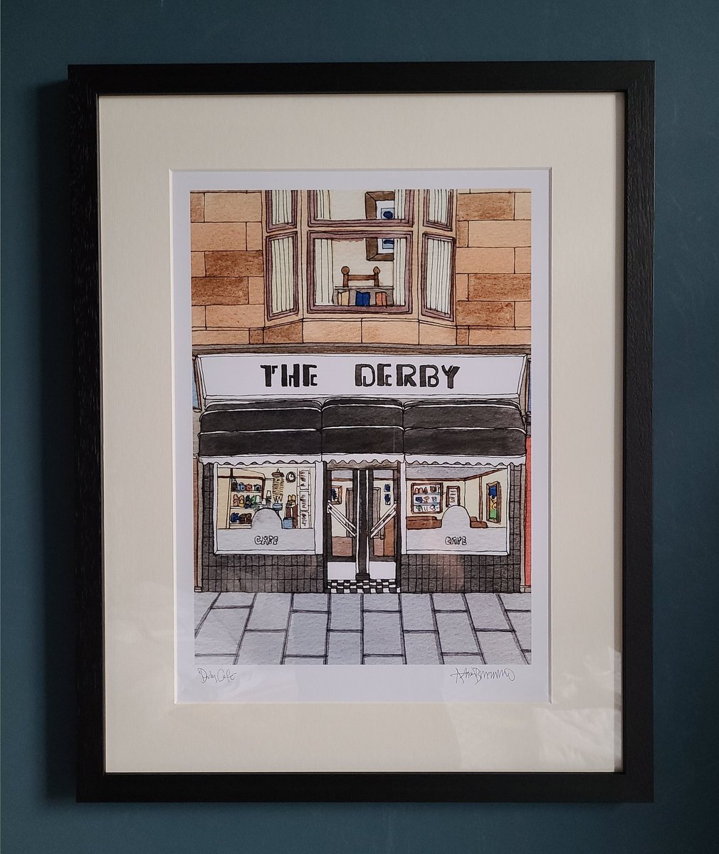 adrianmcmurchie's tweet photo. "Derby Cafe" My one stop shop for double nuggets, bottles of ginger & big tubs of vanilla ice cream in the 70s & 80s.#derbycafe #thederbycafe #netherlee #theglasgowillustrator #adrianmcmurchie #Cafes #classiccafes #glasgow #glasgowcafes #glasgowprint #glasgowgifts https://t.co/nlNTfETRum