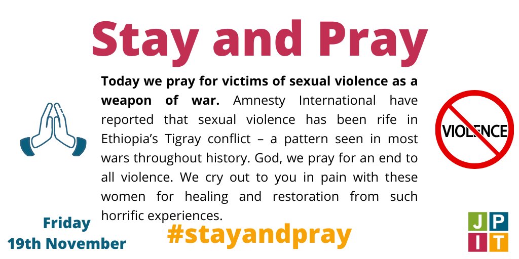 Today we pray for victims of sexual violence as a weapon of war, amid reports of its use from the Tigray conflict. God, we pray for an end to all violence. We cry out to you in pain with these women for healing and restoration from such horrific experiences.

#StayAndPray