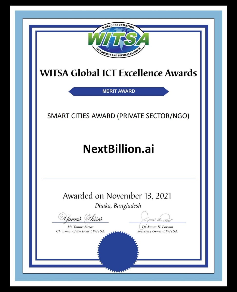 nextbillionai's tweet image. Another big win! 🏆 

@nextbillionai is humbled to receive @WITSA1’s Global ICT Excellence Smart Cities Merit Award 🎉 

This strengthens our resolve to accelerate the digital transformation of #smartcities with custom #maps! 

#smartmaps #WITSA #AI #BuildwithNextBillionai