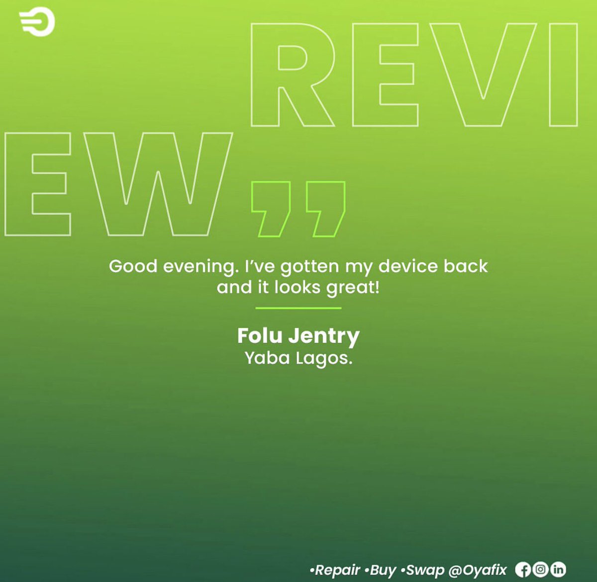 Oyafix's tweet photo. Reviews like these are reasons you should trust us, just like everyone is doing, Oyafix is the new cool.
Book a fix now by visiting our website, or via DM. We are also reachable on call and Whatsapp 09012224209 #Oyafix #Oyaswap https://t.co/6RBxGwrEwv