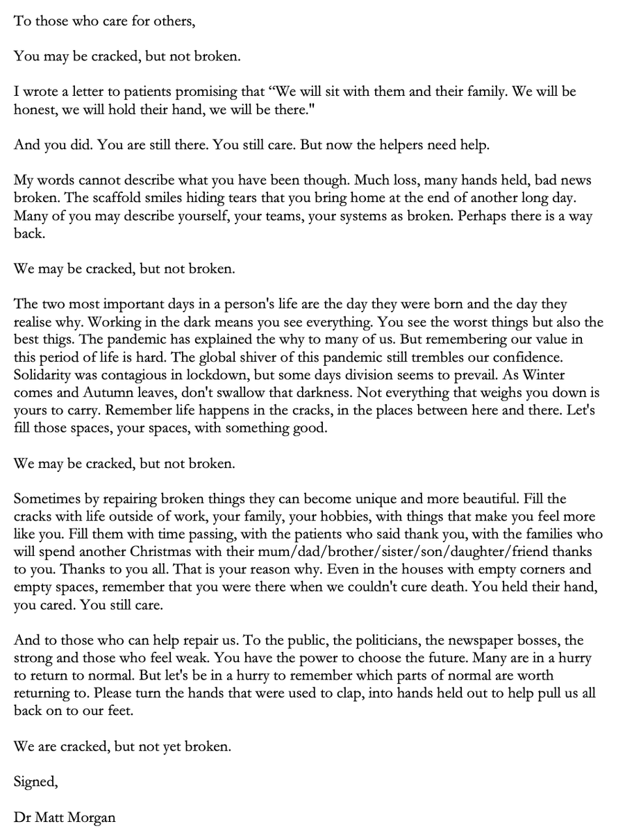 Dr Matt Morgan (@dr_mattmorgan) on Twitter photo Thanks for the comments about my letter on <a href="/BBCr4today/">BBC Radio 4 Today</a> this morning.
"You may be cracked, but not broken."
Thanks <a href="/DrJulie_H/">Dr Julie Highfield</a> & @catrinjourno for your edtis and suggestions. Thanks for the comments about my letter on <a href="/BBCr4today/">BBC Radio 4 Today</a> this morning.
"You may be cracked, but not broken."
Thanks <a href="/DrJulie_H/">Dr Julie Highfield</a> & @catrinjourno for your edtis and suggestions.